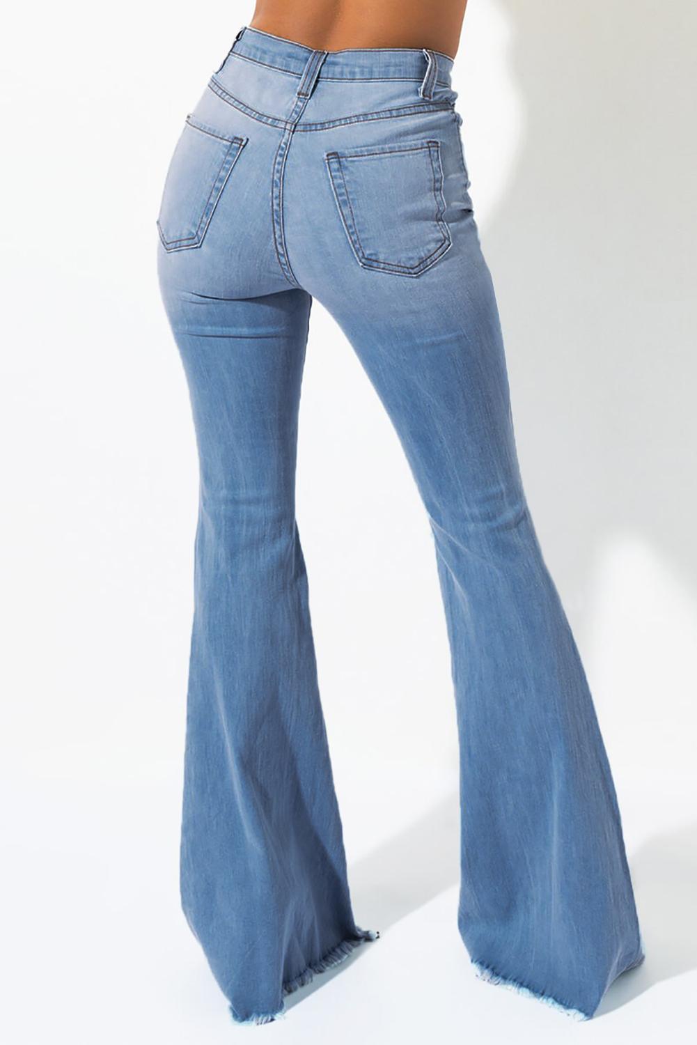 Stylish Sky Blue High Waisted Distressed Flare Jeans