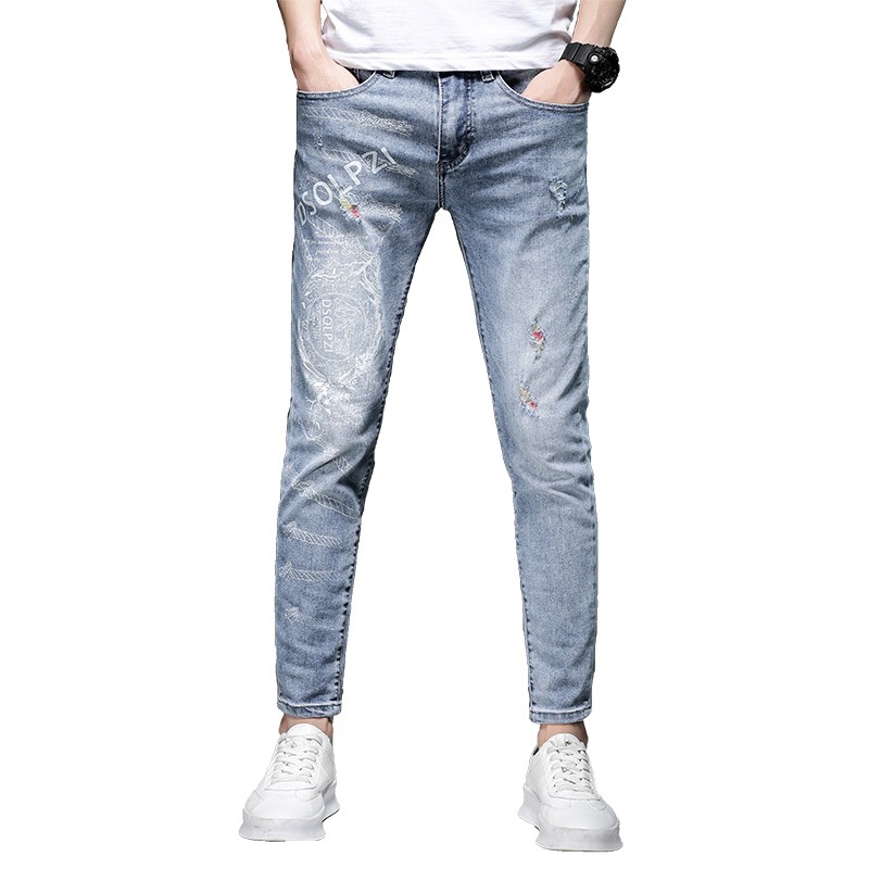 Factory direct wholesale Fashionable printed ice blue jeans for ...