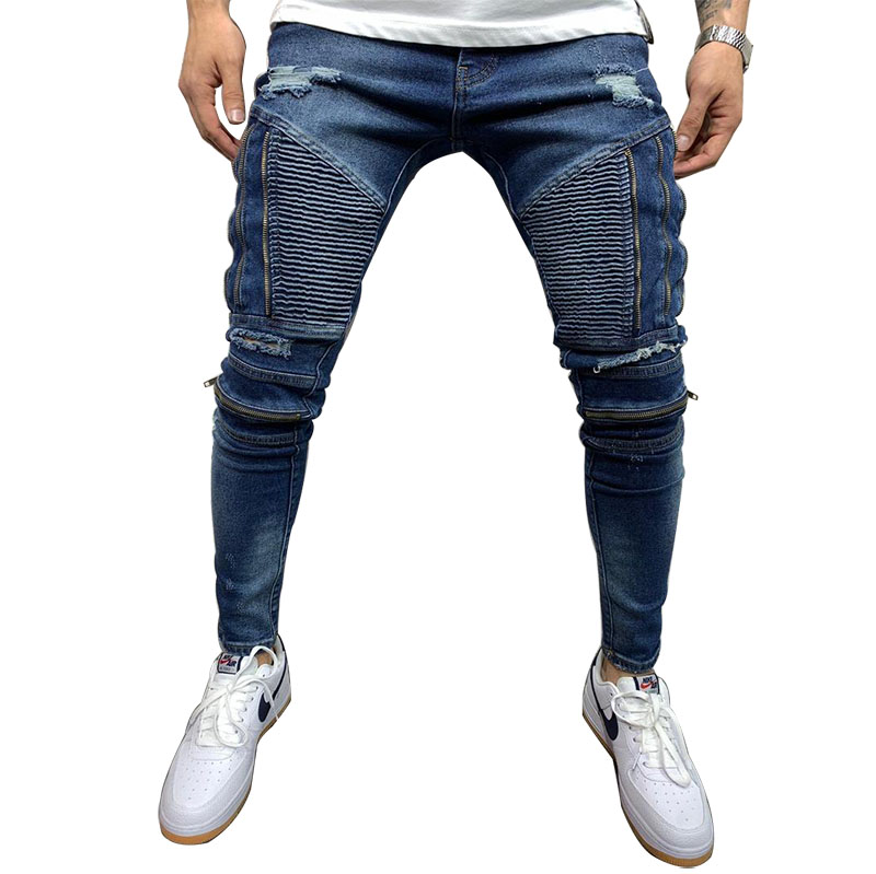 Custom Make Ripped Skinny Medium Blue Zipper grey jeans For Males
