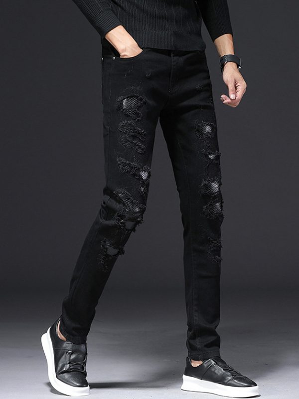 Attractive Black Patchwork Long Ripped Jeans – wholesale jeans