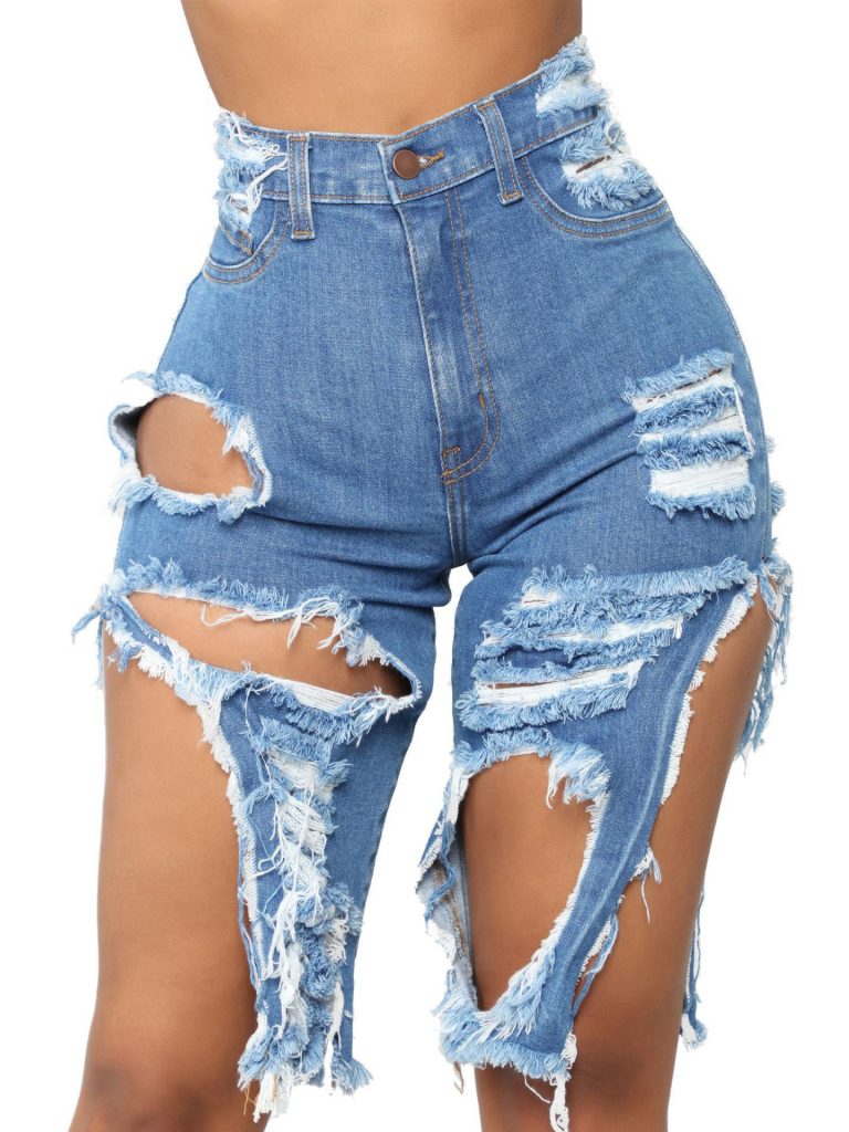 Trendy Irregular Design Half Ripped Jeans For Women Wholesale Jeans