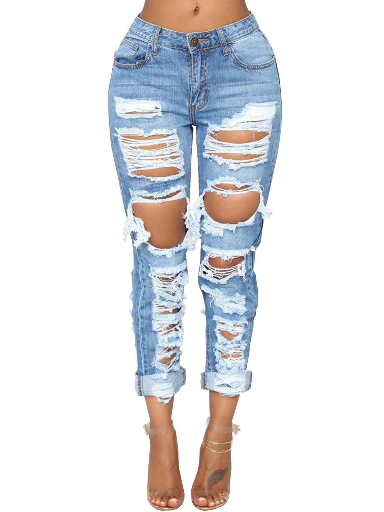 Personality Mid Waist Ripped Jeans for Women