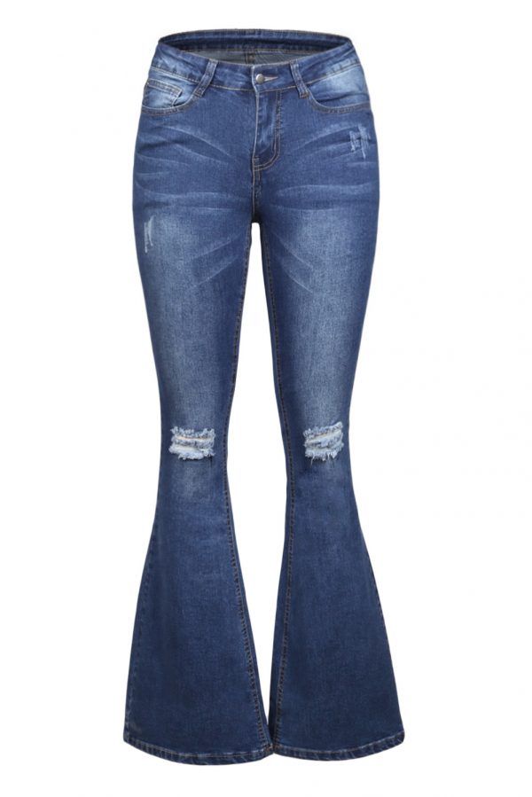 Trendy Ripped Knee Detail Blue Flared Jeans – wholesale jeans suppliers ...