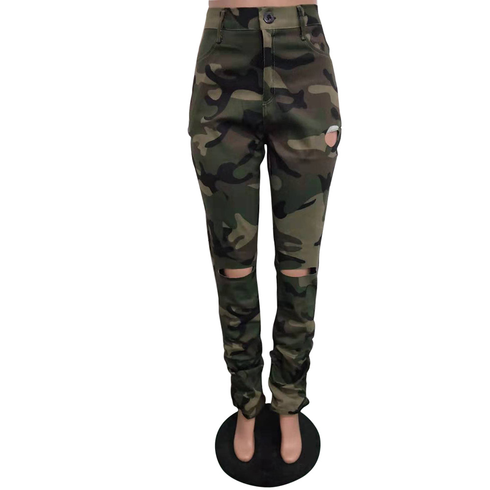 Fashion Pencil Jeans Women High Waist Knee Hole Camouflage Stacked ...