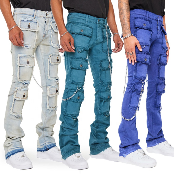 Custom style denim jeans distressed fashion stacked jeans men